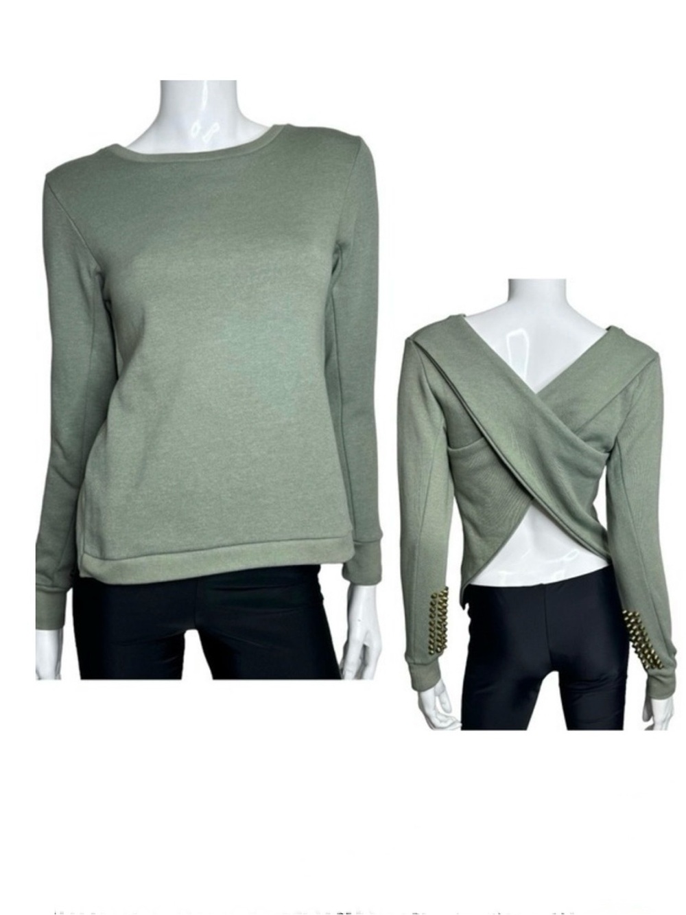 Maurie + Eve Open Back Studded Sleeves Green Sweatshirt